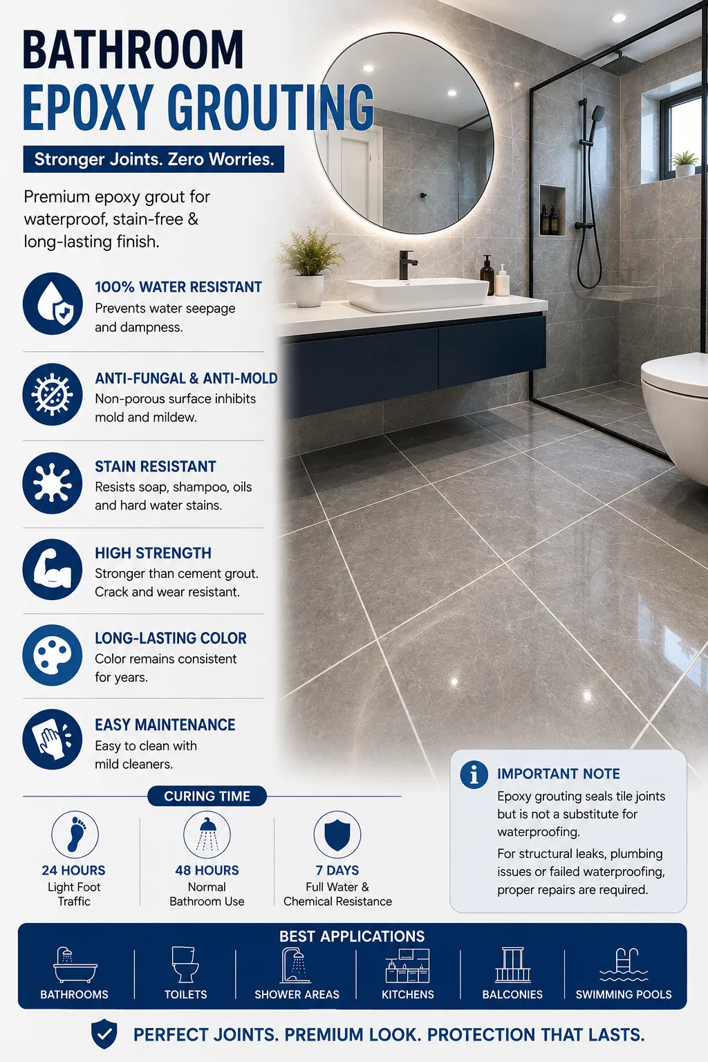Bathroom epoxy grouting technical overview showing benefits, curing time and best applications